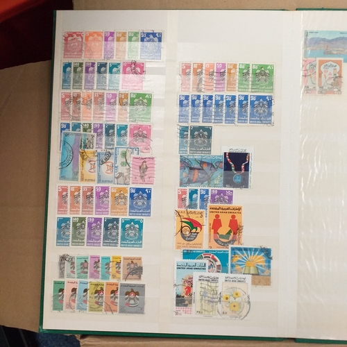 14 - Glory box - albums and stock books, box of loose stamps on/off paper, stock cards etc, empty album a... 