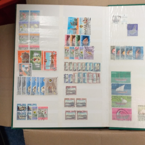 14 - Glory box - albums and stock books, box of loose stamps on/off paper, stock cards etc, empty album a... 