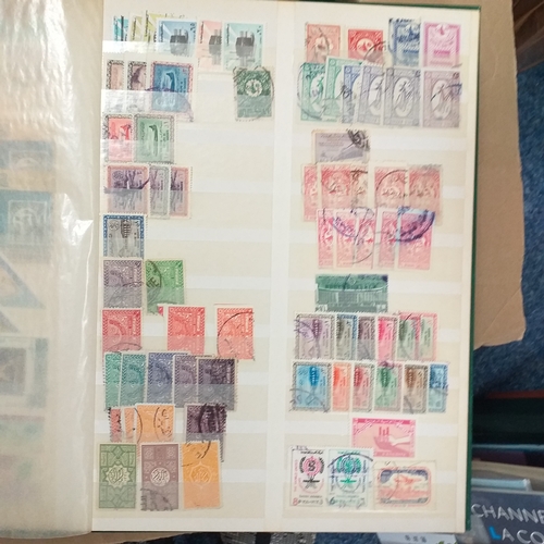 14 - Glory box - albums and stock books, box of loose stamps on/off paper, stock cards etc, empty album a... 