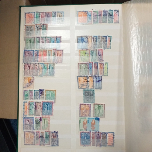 14 - Glory box - albums and stock books, box of loose stamps on/off paper, stock cards etc, empty album a... 