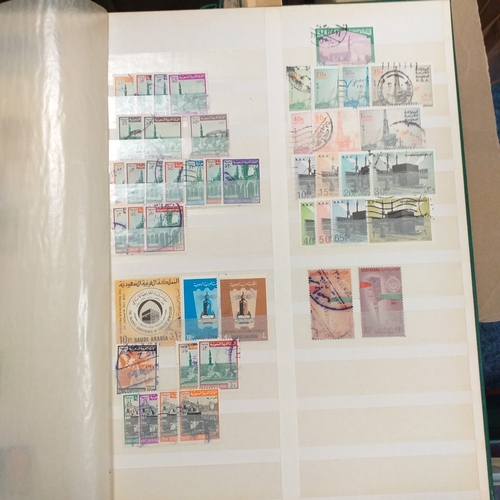 14 - Glory box - albums and stock books, box of loose stamps on/off paper, stock cards etc, empty album a... 