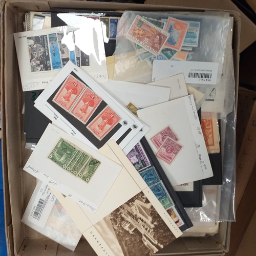 14 - Glory box - albums and stock books, box of loose stamps on/off paper, stock cards etc, empty album a... 