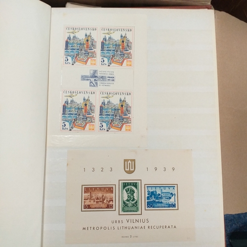 14 - Glory box - albums and stock books, box of loose stamps on/off paper, stock cards etc, empty album a... 