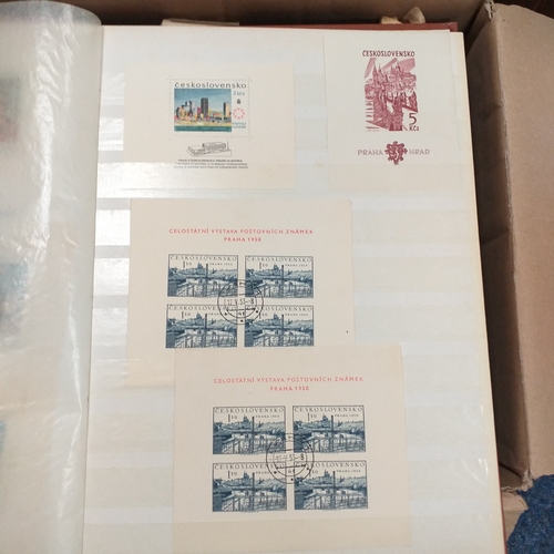 14 - Glory box - albums and stock books, box of loose stamps on/off paper, stock cards etc, empty album a... 