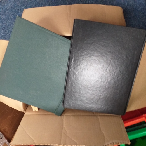 14 - Glory box - albums and stock books, box of loose stamps on/off paper, stock cards etc, empty album a... 