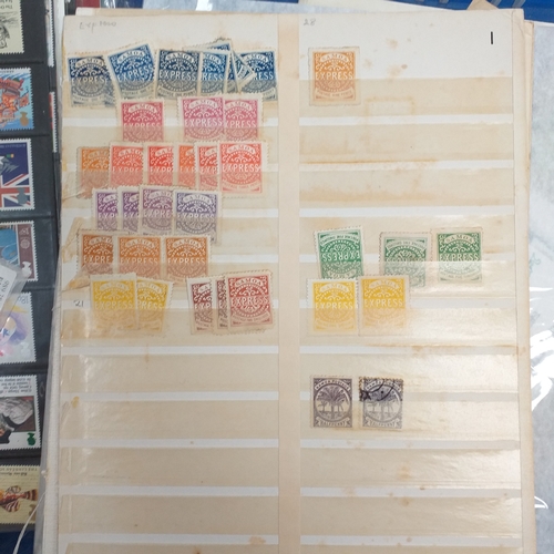 14 - Glory box - albums and stock books, box of loose stamps on/off paper, stock cards etc, empty album a... 