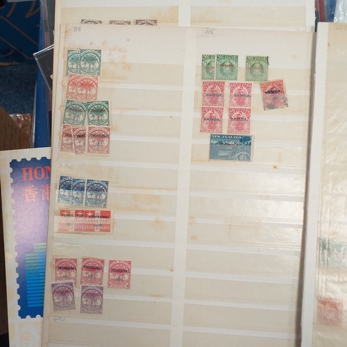 14 - Glory box - albums and stock books, box of loose stamps on/off paper, stock cards etc, empty album a... 