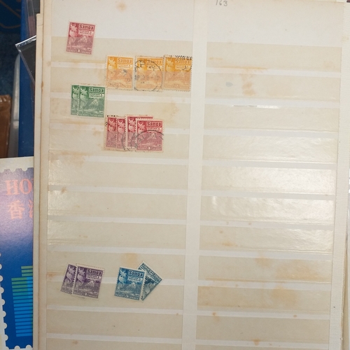 14 - Glory box - albums and stock books, box of loose stamps on/off paper, stock cards etc, empty album a... 