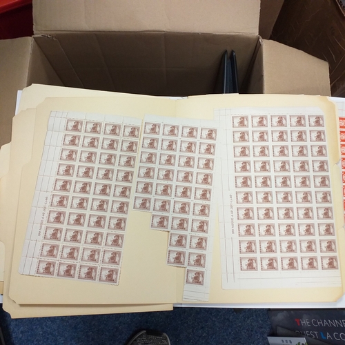 14 - Glory box - albums and stock books, box of loose stamps on/off paper, stock cards etc, empty album a... 