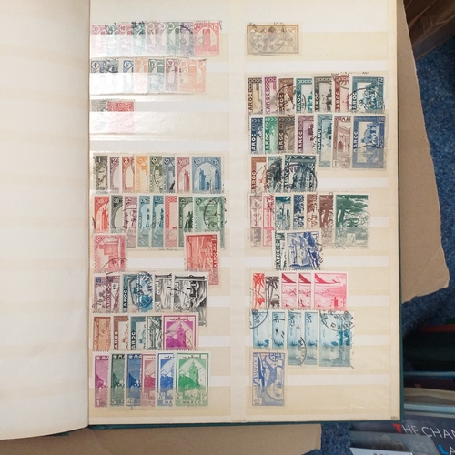 14 - Glory box - albums and stock books, box of loose stamps on/off paper, stock cards etc, empty album a... 