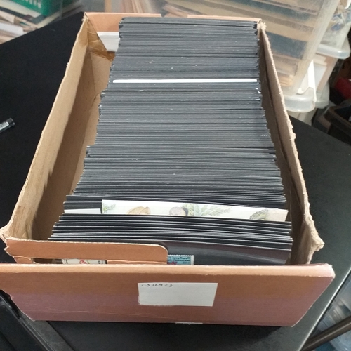 15 - Small box containing 250+/-  3 row stock cards with world sets and singles, all identified and price... 