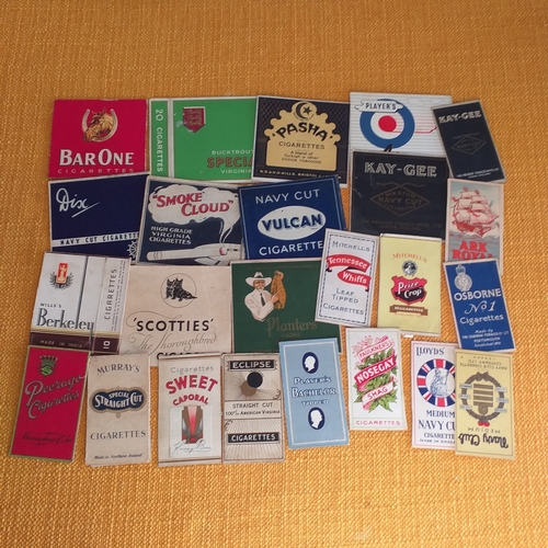 56 - Small lot (25) of cigarette packet fronts (1920'-50's).  Some adhesions to backs, some scarcer items... 