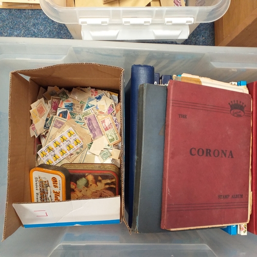 15 - Box containing 13 childhood collections/albums and a box of stamps on/off paper.  Hours of sorting w... 