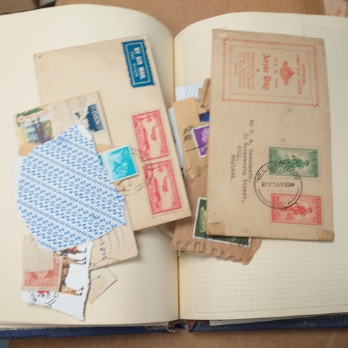 15 - Box containing 13 childhood collections/albums and a box of stamps on/off paper.  Hours of sorting w... 