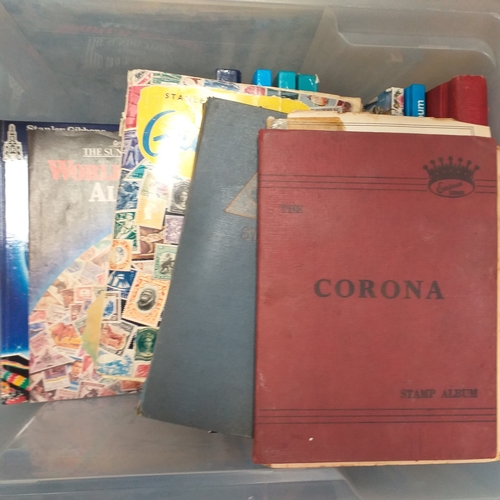 15 - Box containing 13 childhood collections/albums and a box of stamps on/off paper.  Hours of sorting w... 