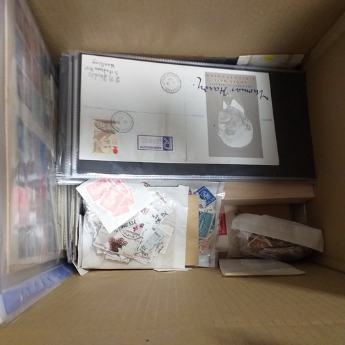 38 - Box containing stamps in packets (all off paper and sorted in to countries) on stock cards, album le... 