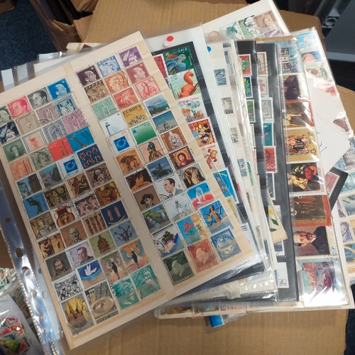 38 - Box containing stamps in packets (all off paper and sorted in to countries) on stock cards, album le... 