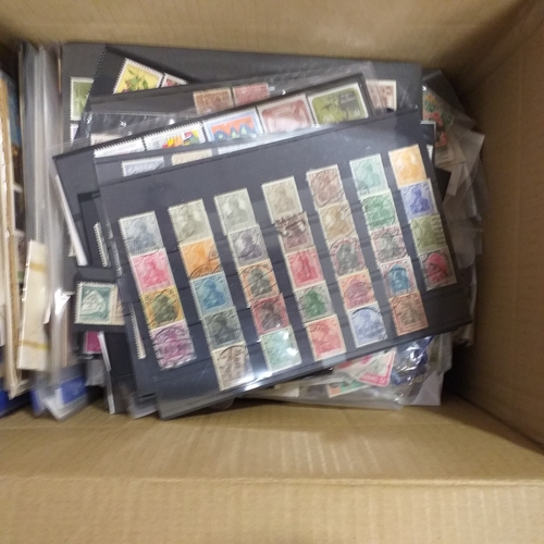 38 - Box containing stamps in packets (all off paper and sorted in to countries) on stock cards, album le... 