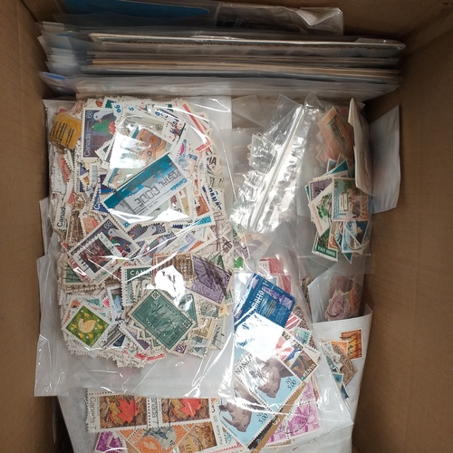 39 - Box containing stamps in packets (all off paper and sorted in to countries) on stock cards, album le... 