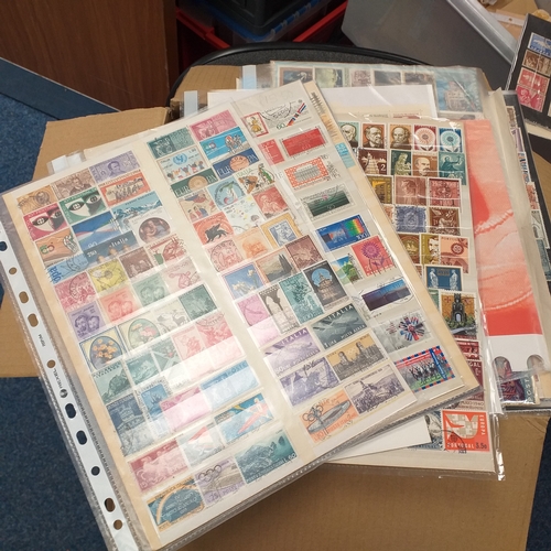 39 - Box containing stamps in packets (all off paper and sorted in to countries) on stock cards, album le... 