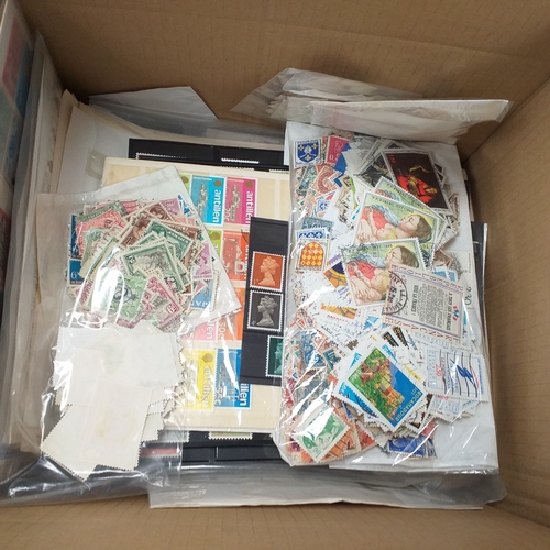 39 - Box containing stamps in packets (all off paper and sorted in to countries) on stock cards, album le... 
