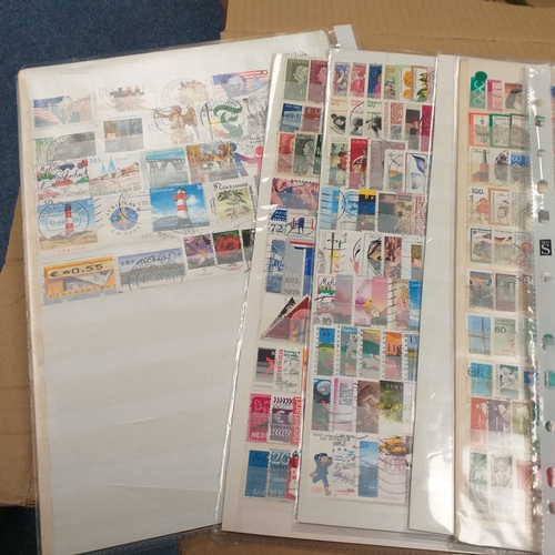 40 - Box containing stamps in packets (all off paper and sorted in to countries) on stock cards, album le... 