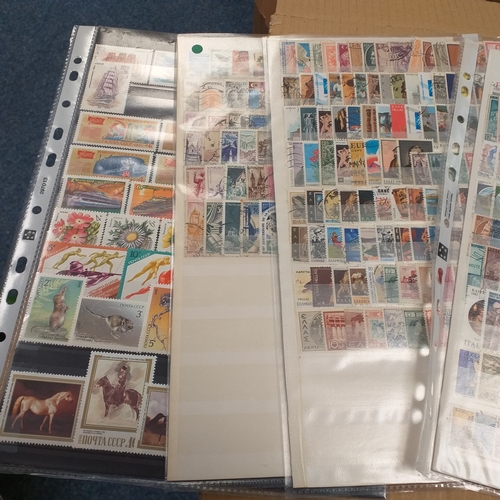 40 - Box containing stamps in packets (all off paper and sorted in to countries) on stock cards, album le... 