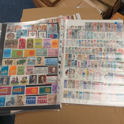40 - Box containing stamps in packets (all off paper and sorted in to countries) on stock cards, album le... 