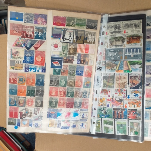 41 - Box containing stamps in packets (all off paper and sorted in to countries) on stock cards, album le... 
