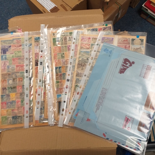 41 - Box containing stamps in packets (all off paper and sorted in to countries) on stock cards, album le... 