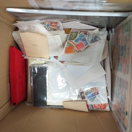41 - Box containing stamps in packets (all off paper and sorted in to countries) on stock cards, album le... 