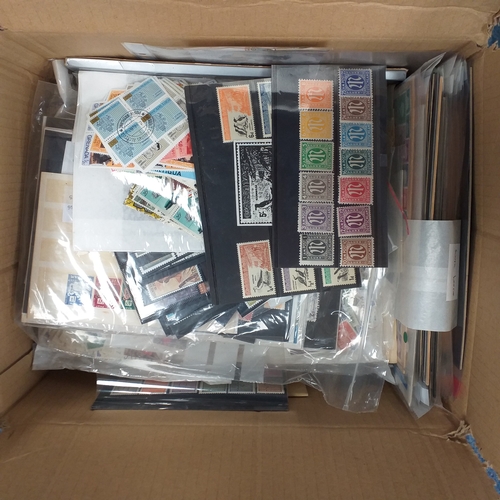 41 - Box containing stamps in packets (all off paper and sorted in to countries) on stock cards, album le... 