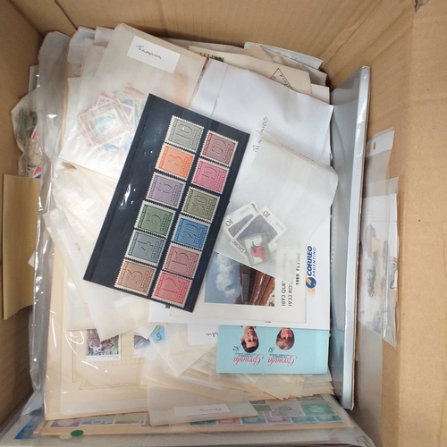 41 - Box containing stamps in packets (all off paper and sorted in to countries) on stock cards, album le... 