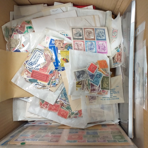 41 - Box containing stamps in packets (all off paper and sorted in to countries) on stock cards, album le... 