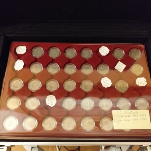 5 - Metal Coin Collectors Case housing GB pre-decimal coin collection on 6 trays: Tray 1 - 3d coins 1953... 