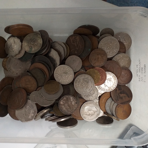 3 - Plastic carton of mostly GB/Irish pre-decimal coins with the odd Australian and GB decimal to be fou... 