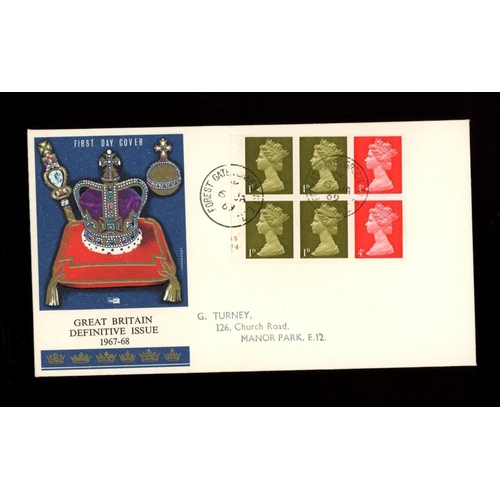 633 - 1969 (Jan 6th = 2 days early) 10/- booklet se-tenant cylinder pane on Philart FDC with Forest Gate C... 