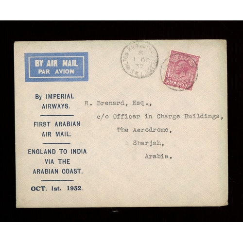 181 - 1932 Inward First Flight by Imperial Airways printed cover from UK to Sharjah, Arabia with GV 6d.