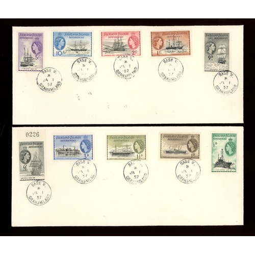 230 - 1954-62 values to 5/-, 10/- & ï¿½1 on pair of covers F/U with Base W. Grahamland JA 1 57 CDS. SG bet... 