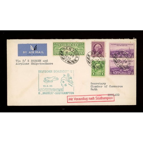 354 - 1935 (June 14th) airmail cover New York to Bath via S/S Bremen and Airplane Ship-to-Shore.