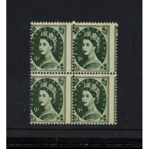 373 - 1958-65 9d bronze-green block of 4 with 3mm perf shift to right. U/M, fine. SG 582 var. (4)