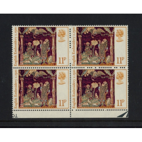 408 - 1976 Christmas 11p lower marginal block of 4 on uncoated paper. SG 1020a Cat ï¿½300 (4)