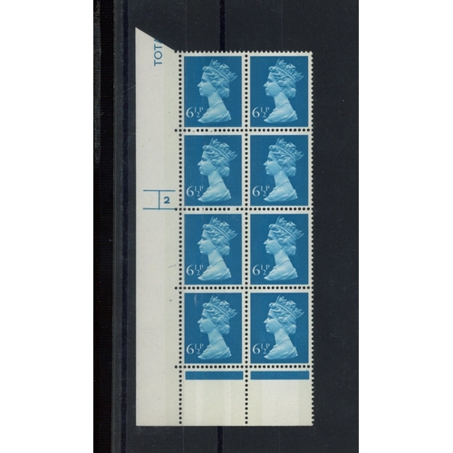 470 - 6ï¿½p Two Bands Cylinder 2 No Dot block of 8, left vertical column stamps show heavy All Over Phosph... 