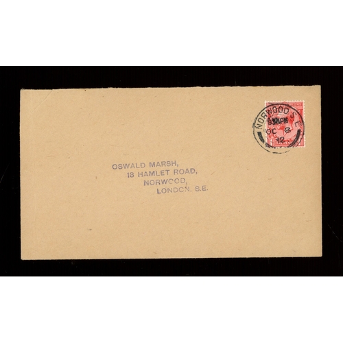 504 - 1912 (Oct 8th) 1d red on plain FDC with Norwood CDS. Printed address (Oswald Marsh), neatly slit ope... 