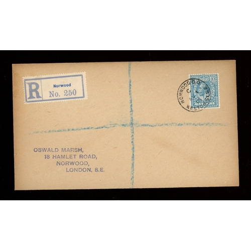 507 - 1913 (Aug 1st) 10d turquoise on plain FDC with Norwood reg CDS. Printed address (Oswald Marsh), fine... 