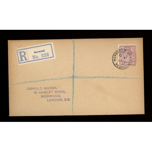 508 - 1913 (Aug 1st) 6d purple on plain FDC with Norwood reg CDS. Printed address (Oswald Marsh), fine. Ca... 