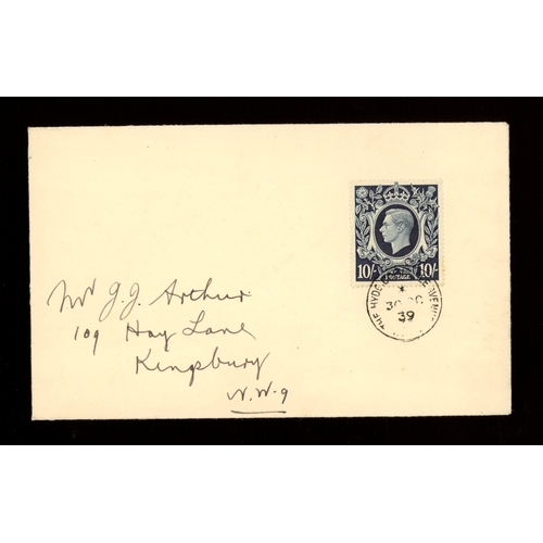 531 - 1939 (Oct 30th) 10/- dark blue on plain FDC with The Hyde CDS. Handwritten address, hinge remainders... 