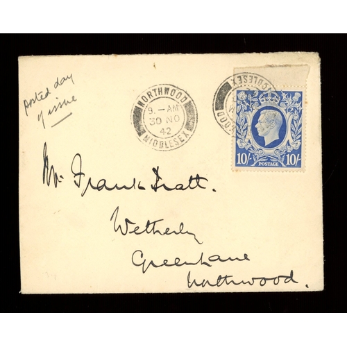 535 - 1942 (Nov 30th) 10/- ultramarine on plain FDC with Northwood Middlesex CDS. Handwritten address, nea... 