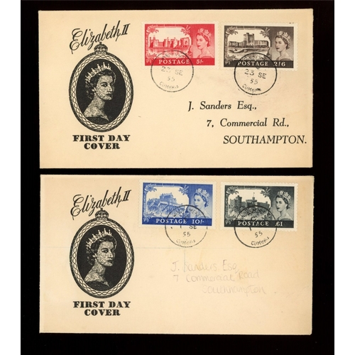 541 - 1955 Waterlow Castles set on matching pair of J.Sanders FDCs with Windermere CDS. Printed & pencil a... 