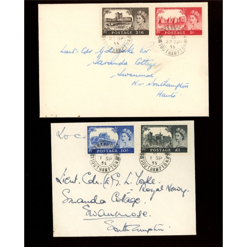 542 - 1955 Waterlow Castles set on pair of plain FDCs with Swanmore Southampton CDS. Handwritten addresses... 